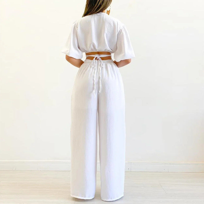 2023 Summer V-Neck Top & High-Waist Wide Leg Pants Set Karis Fashions