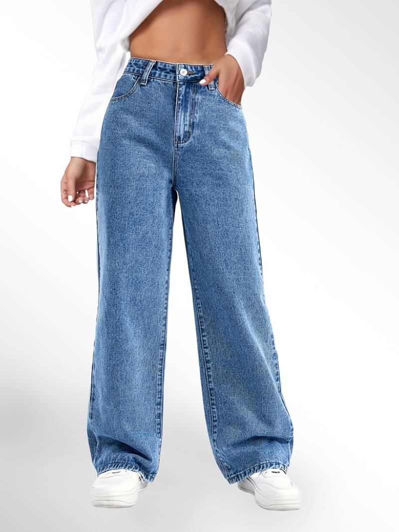 Blue High Waist Loose Fit Straight Leg Denim Jeans Karis Fashions