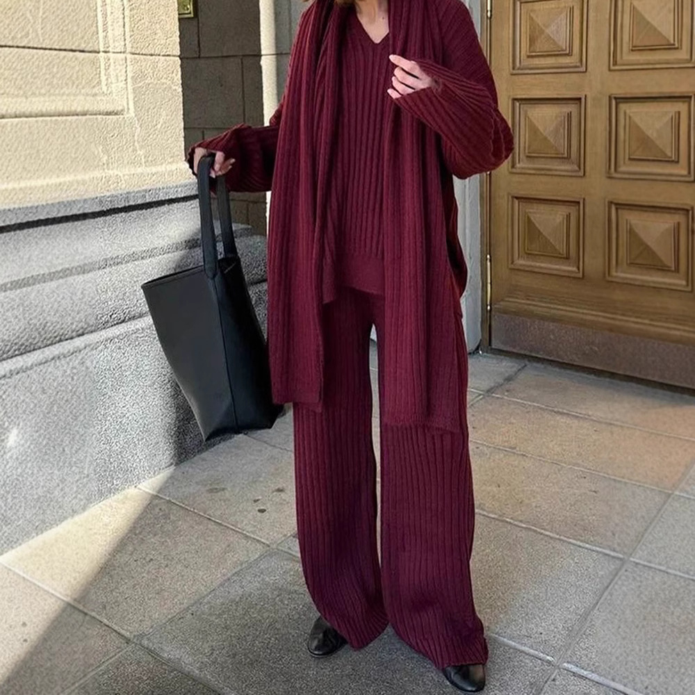 V-Neck Top & Wide Leg Pants Set with Scarf Karis Fashions