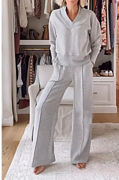 V-neck Long Sleeve Loose Top Wide Leg Pants Two-piece Set Karis Fashions