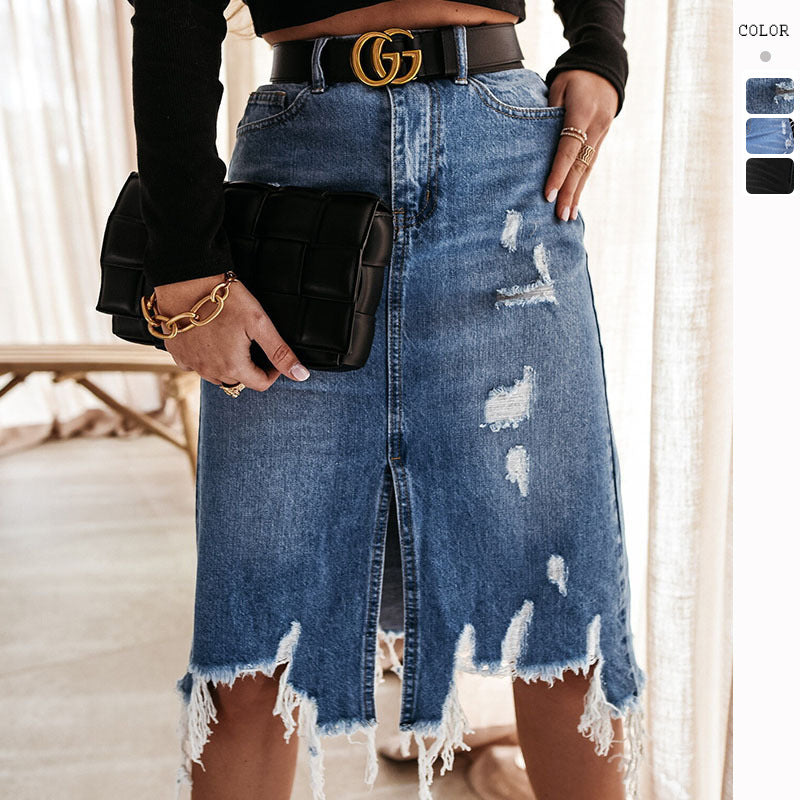 High-Waisted A-Line Split Mid-Length Skirt with Edges Karis Fashions