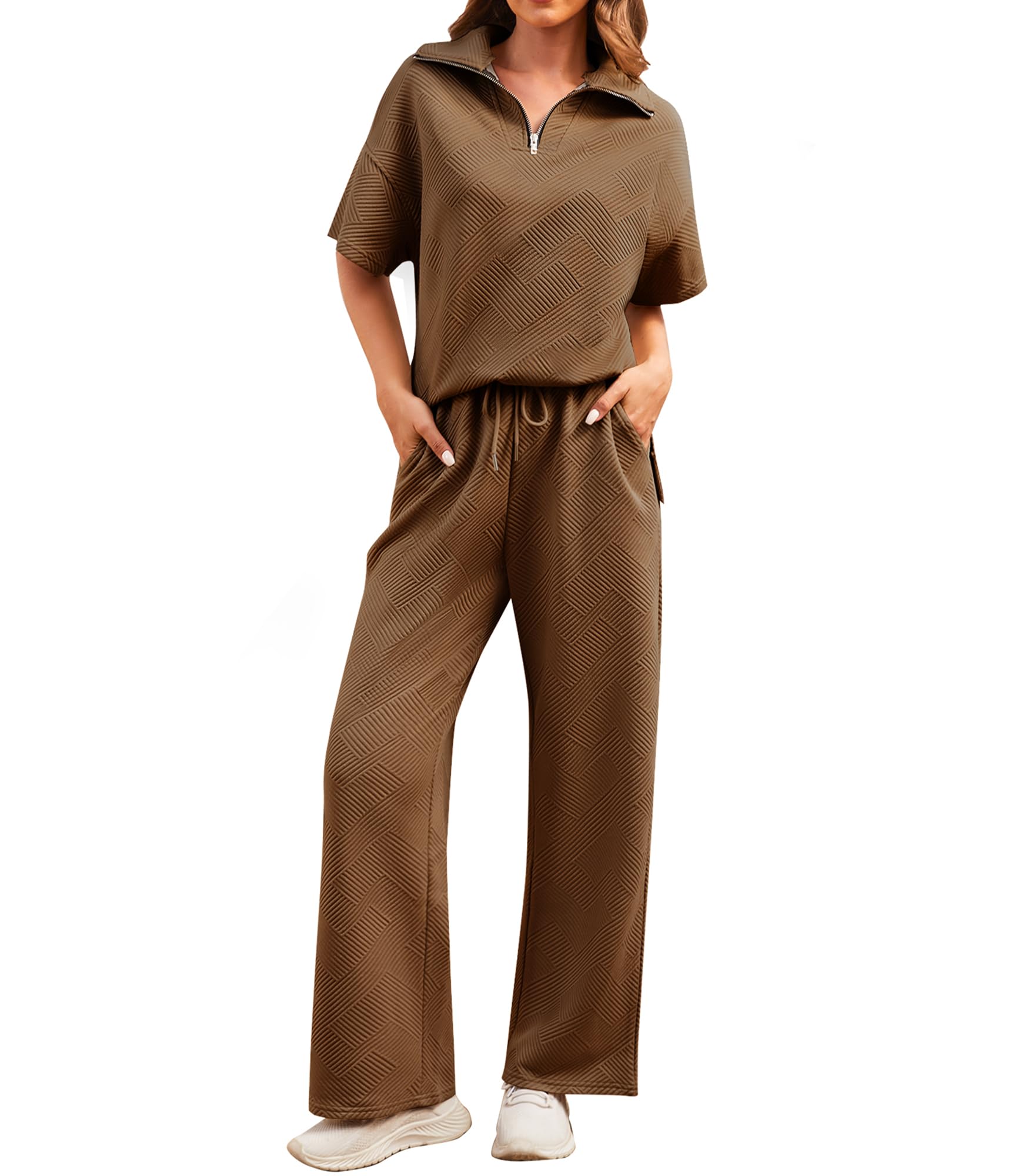 ETOSELL Womens 2 Piece Outfits Textured Lounge Sets Short Sleeve Half Zip Lapel Collar Top and Wide Leg Long Pants Set Sweatsuits Tracksuit Karis Fashions