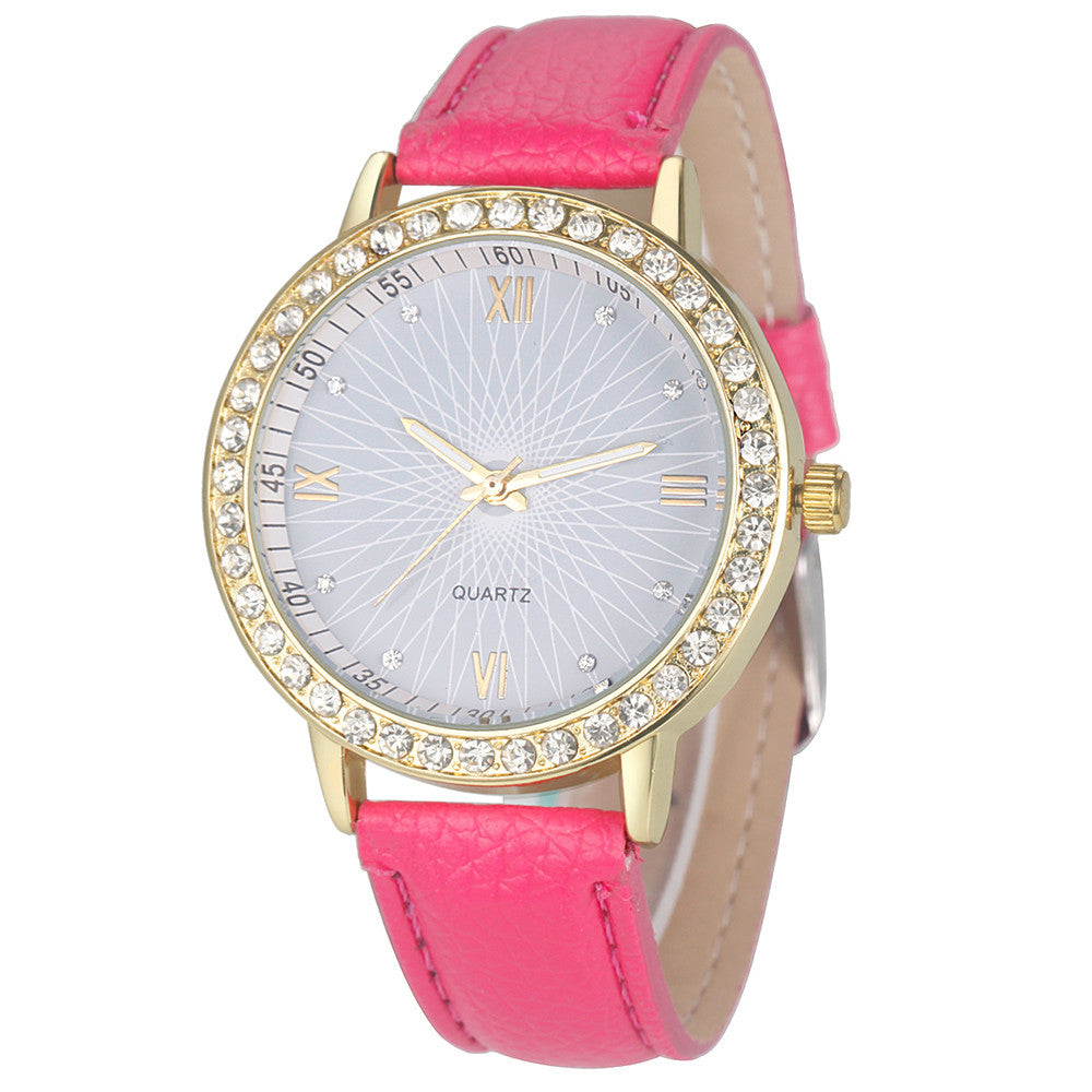 Rhinestone Quartz Watch, Geneva Style, Leather Band Karis Fashions