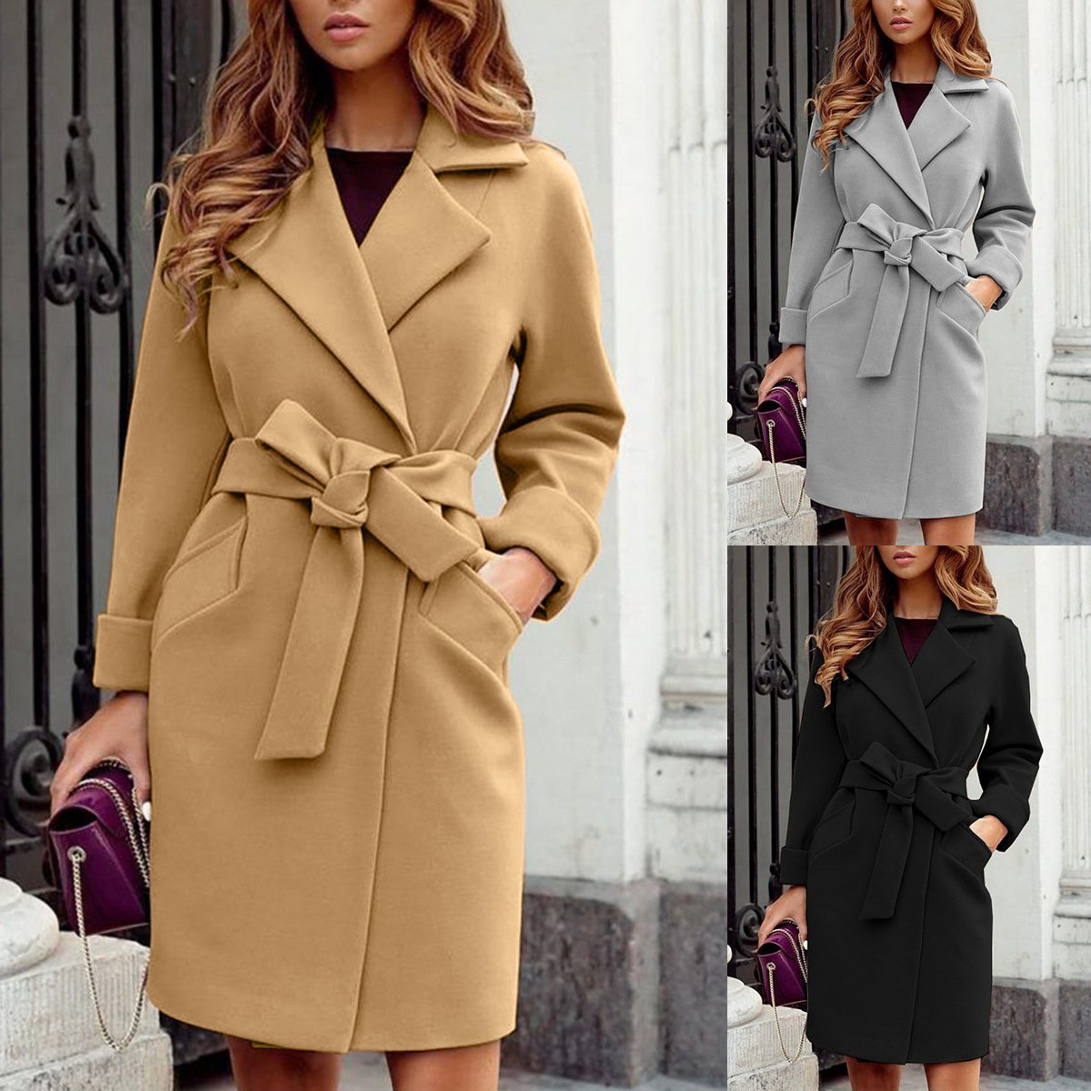 Fashion Slim Belted Lapel Woolen Jacket Karis Fashions