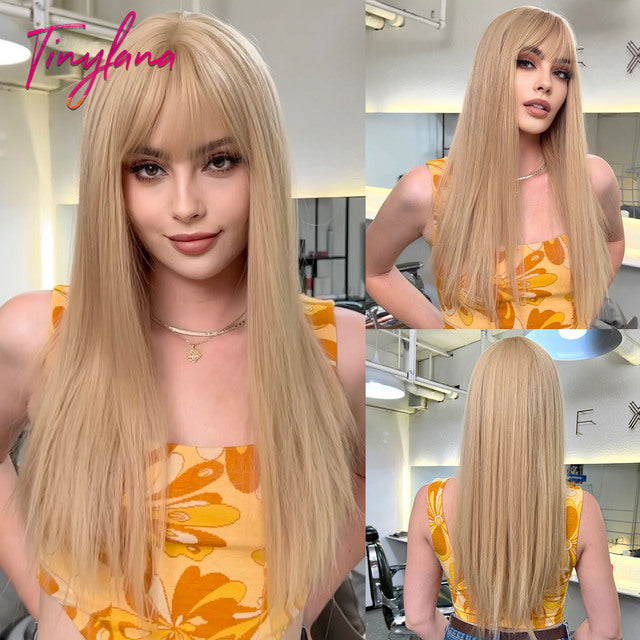 Qi Bangs Yellow Gradient Long Straight Cosplay Wig Set