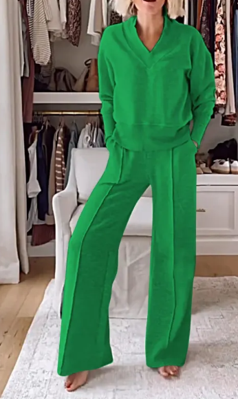 V-neck Long Sleeve Loose Top Wide Leg Pants Two-piece Set Karis Fashions