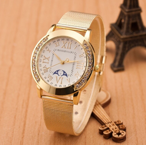 Geneva Watch with Gold Mesh Band and Double Row Diamonds Karis Fashions