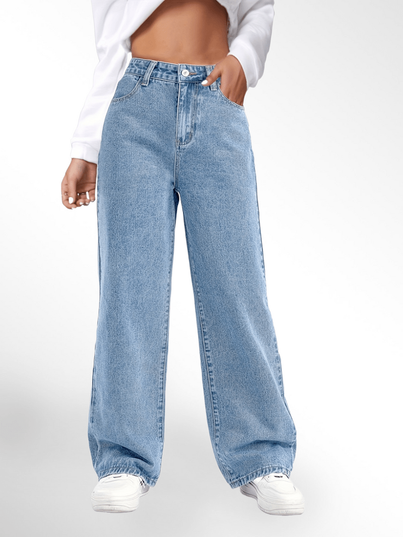 Blue High Waist Loose Fit Straight Leg Denim Jeans Karis Fashions