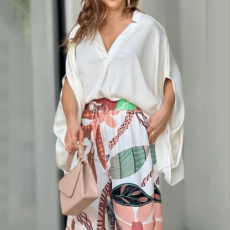 V-Neck Printed Wide Leg Pants Set Karis Fashions