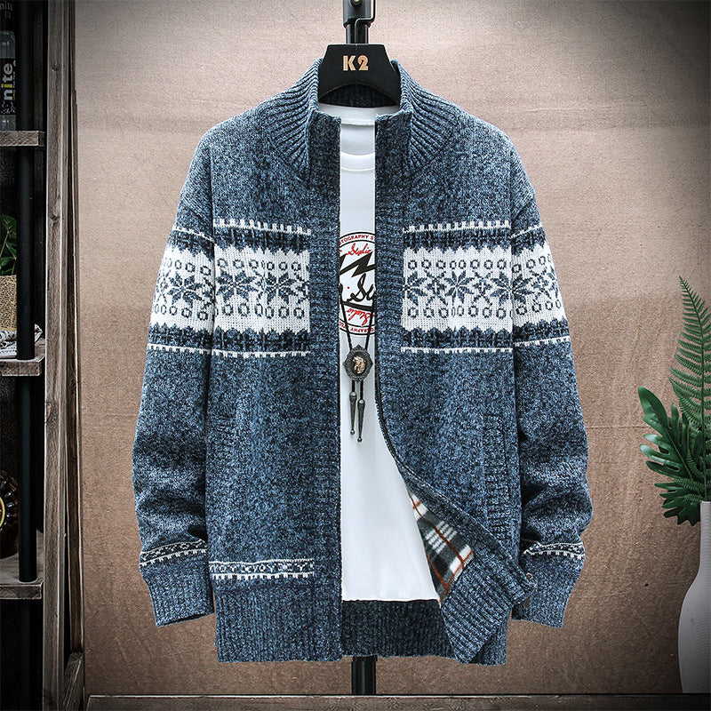 Men's Printed Stand-Collar Cardigan Jacket for Warmth Karis Fashions