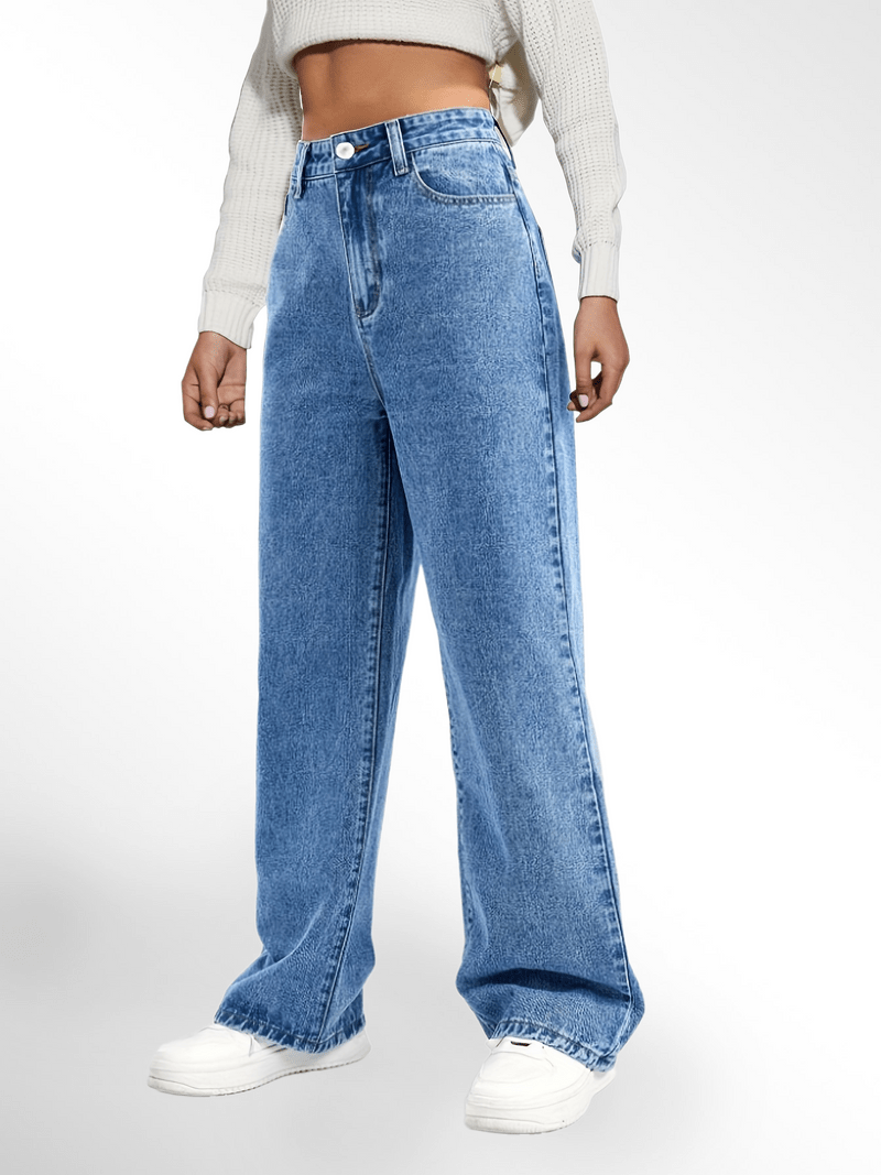 Blue High Waist Loose Fit Straight Leg Denim Jeans Karis Fashions