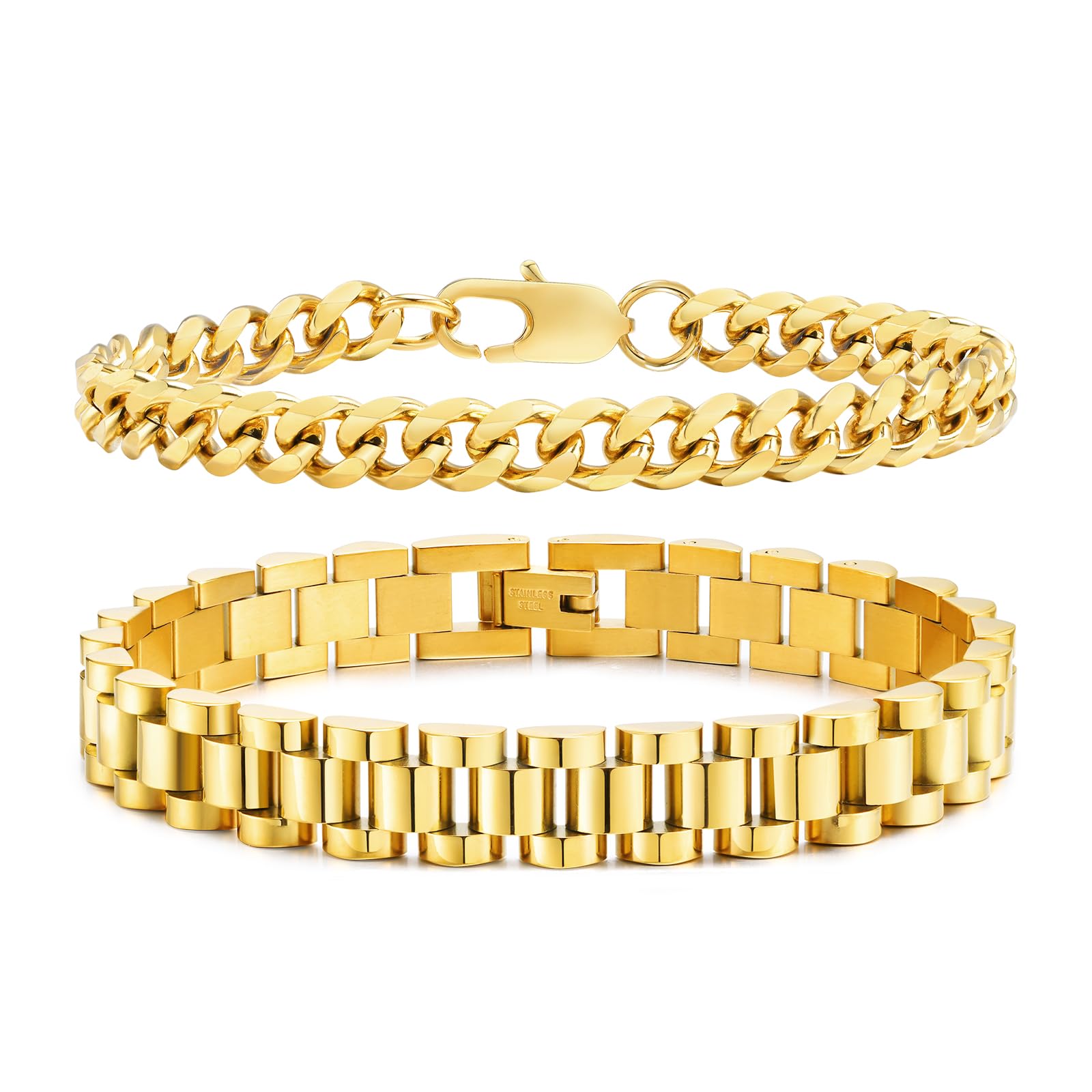 VNOX 2 PCS Gold Bracelets for Men Jewelry-Minimalist Womens Mens Gold Plated Stainless Steel Solid Cuban Link Chain Bracelet Bracelet Set Wrist Band Gifts for Him Boyfriend Dad7.5 Inches Karis Fashions