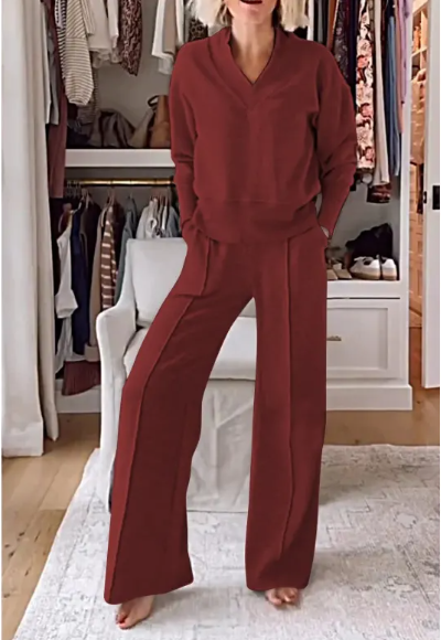 V-neck Long Sleeve Loose Top Wide Leg Pants Two-piece Set Karis Fashions