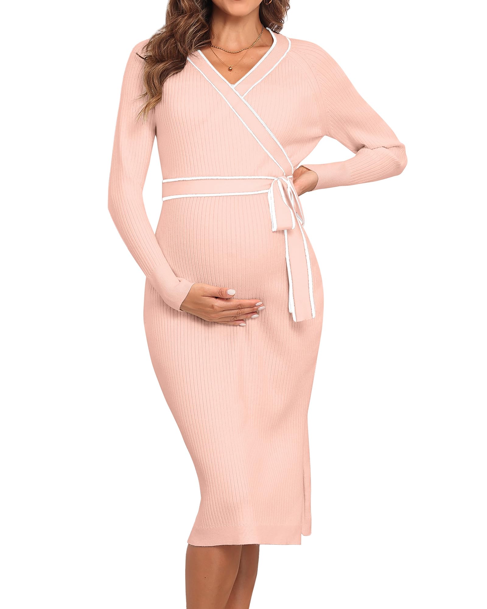 V FOR CITY Womens Maternity Fall Sweater Dresses Wrap V Neck Ribbed Pregnancy Bodycon Dress Baby Shower Maternity Photoshoot Outfits Pink X-Large Karis Fashions