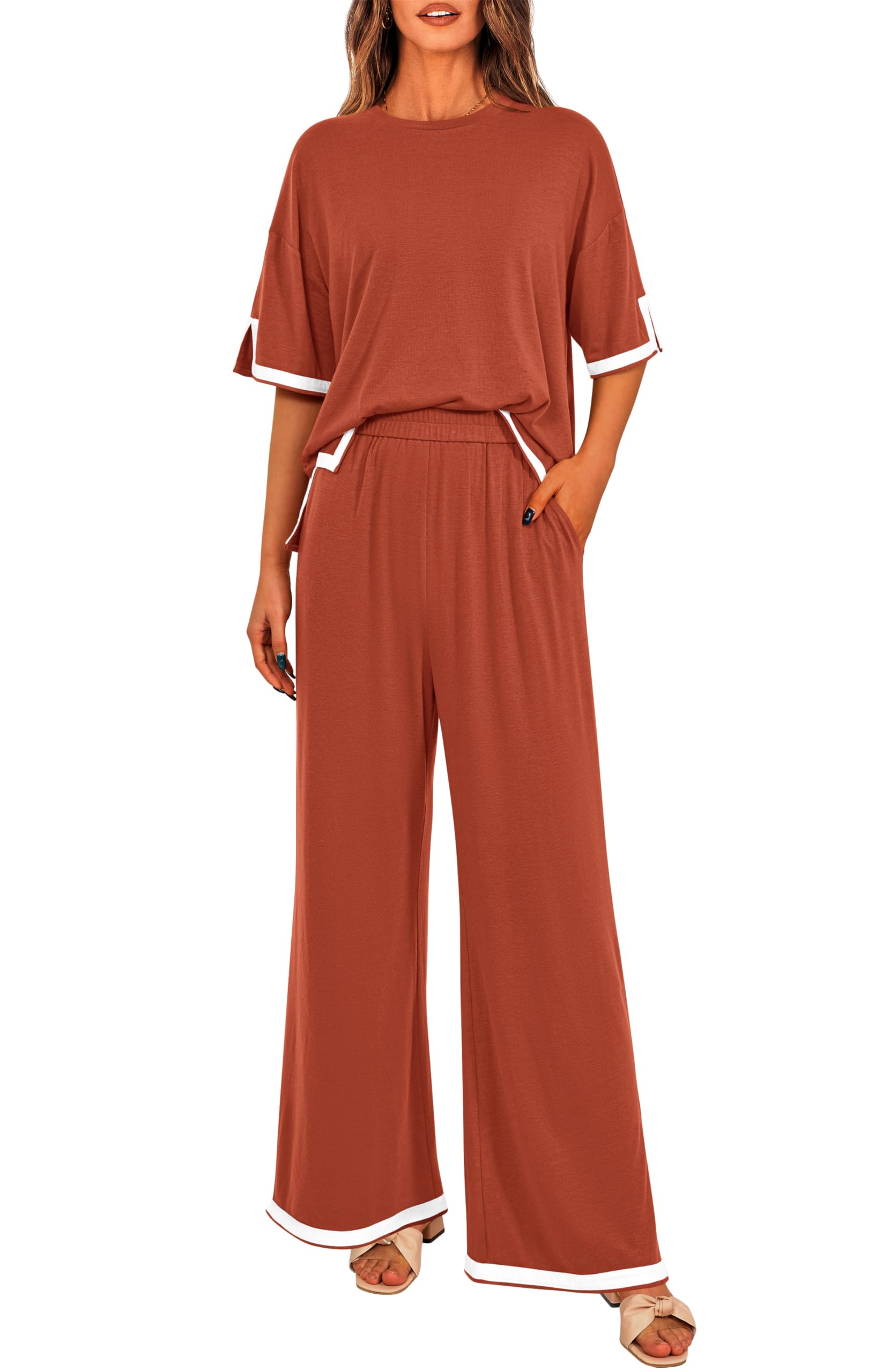 MASCOMODA Womens Summer 2 Piece Outfits Crewneck Short Sleeve Tops Wide Leg Long Pants Matching Lounge Sets Tracksuit(Hot PinkMedium) Karis Fashions