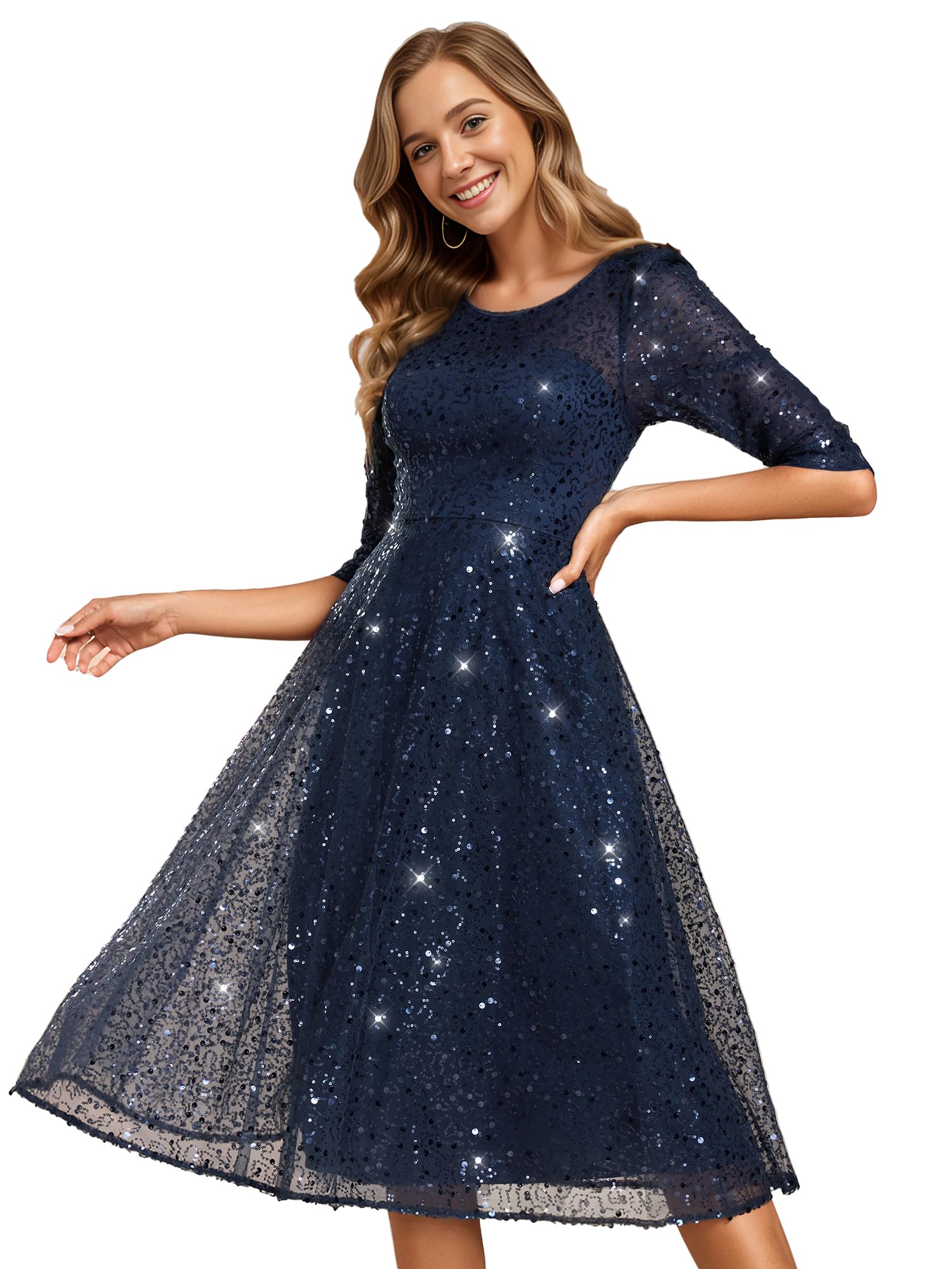 Ever-Pretty Womens Round Neck 3/4 Sleeves Formal Dresses Sequin A Line Midi Wedding Guest Dress Navy Blue US8 Karis Fashions