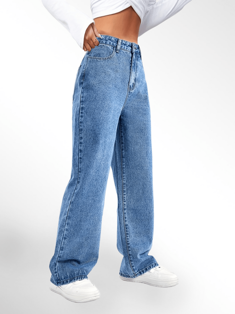 Blue High Waist Loose Fit Straight Leg Denim Jeans Karis Fashions