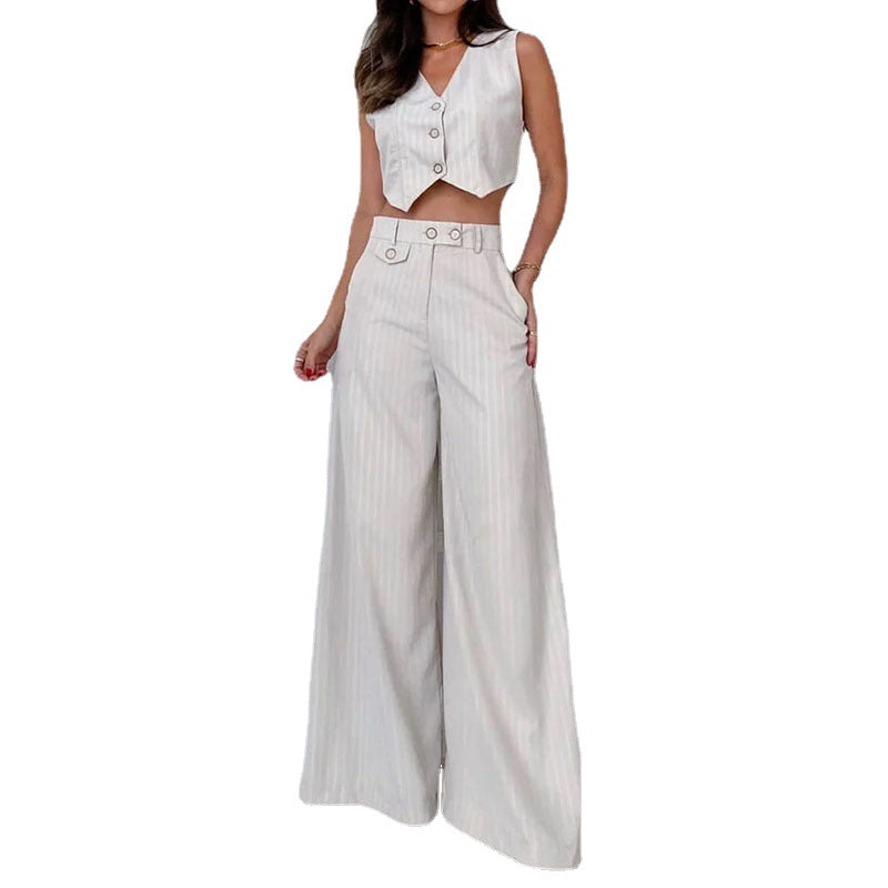 2023 Fashionable Striped V-Neck Wide-Leg Pants Set Karis Fashions