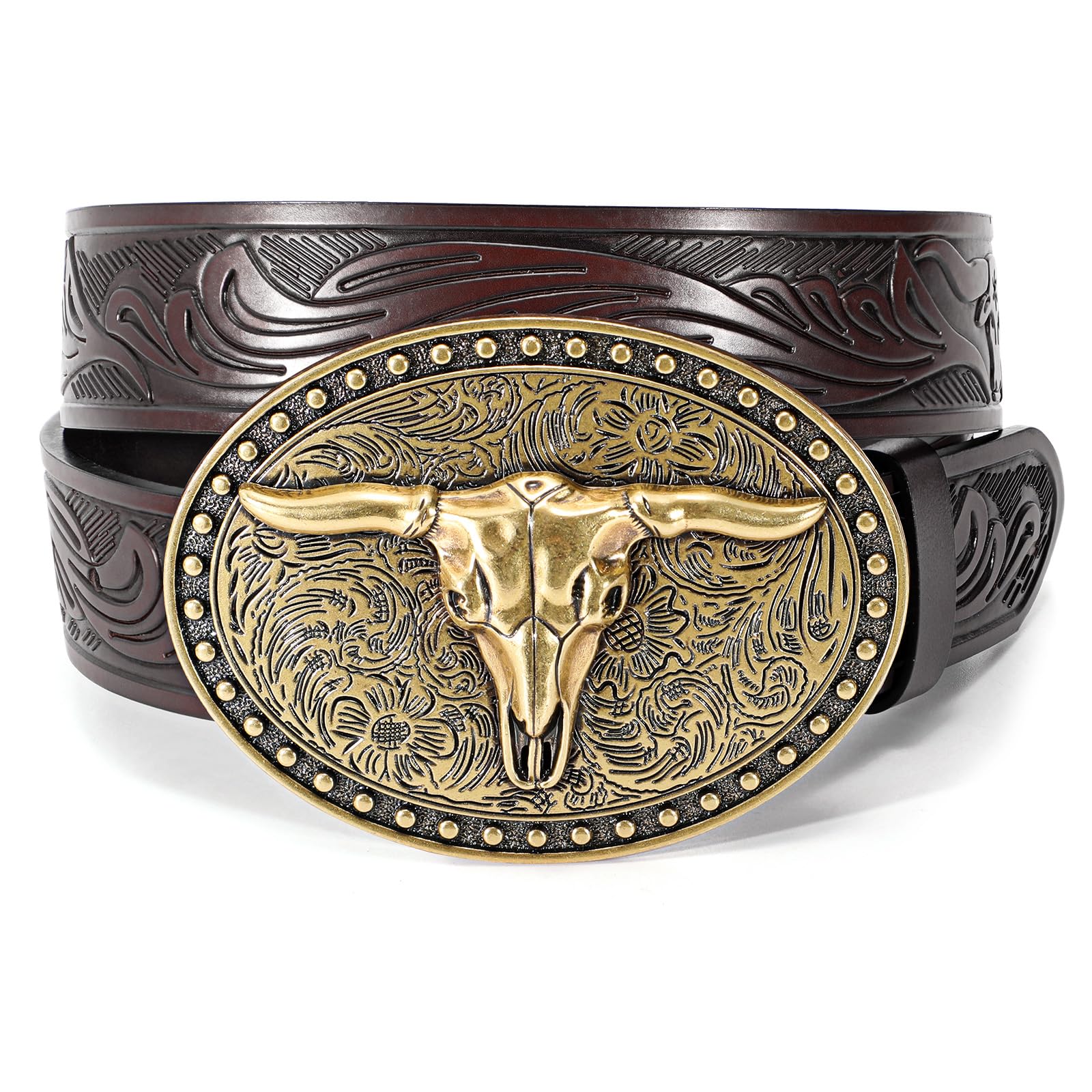 LALATCH Cowboy Belt Western Belts for Men Women Cowgirl Rodeo Large Bull Buckle Western Leather Belt for Jeans Coffee Karis Fashions