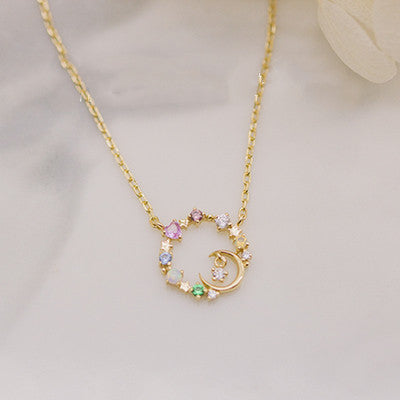 Cute Minimalist Star Moon Opal 925 Silver Gold Necklace Karis Fashions