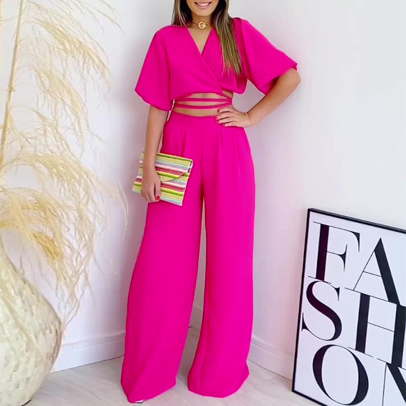 2023 Summer V-Neck Top & High-Waist Wide Leg Pants Set Karis Fashions