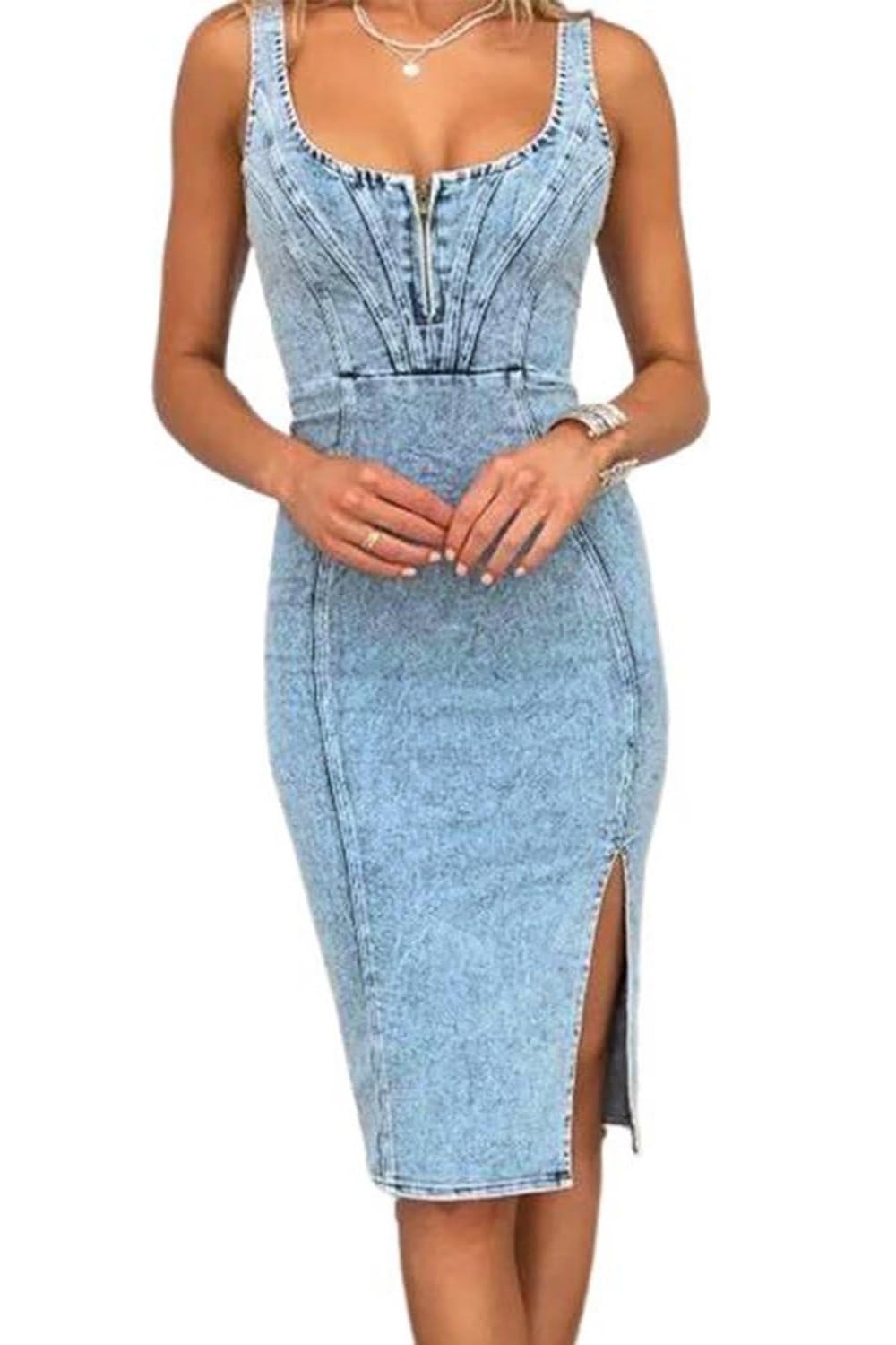 Womens Denim Dress Sleeveless Side Slit Bodycon Midi Jean Scoop Neck Dresses (Blue XL) Karis Fashions