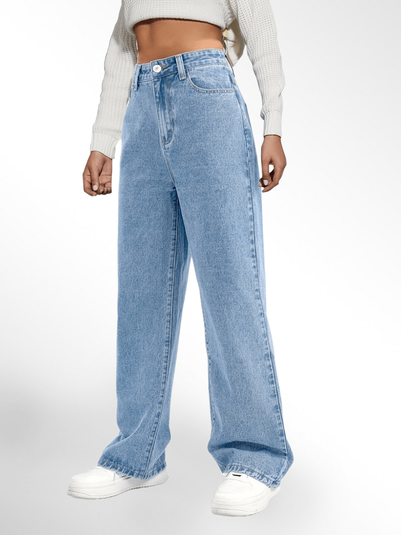 Blue High Waist Loose Fit Straight Leg Denim Jeans Karis Fashions