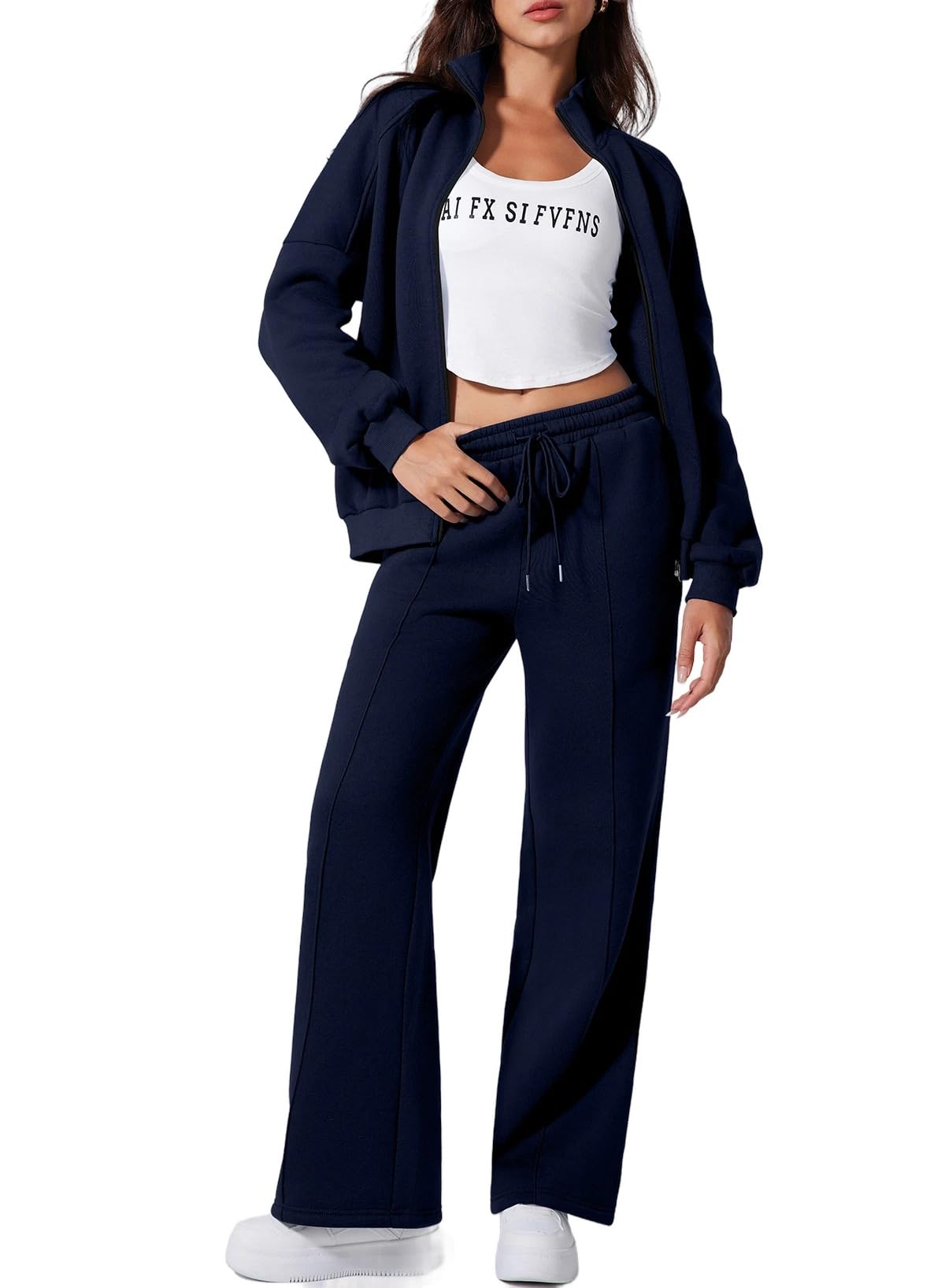 Aleumdr Matching Sets Women Clothing Two Piece Outfits Sweatsuit Tracksuits Sweat Sets Zip Up Jackets Fleece Lined Wide Leg Sweatpants 2024 Fall Athletic Travel Lounge Sets Blue 2XL Karis Fashions