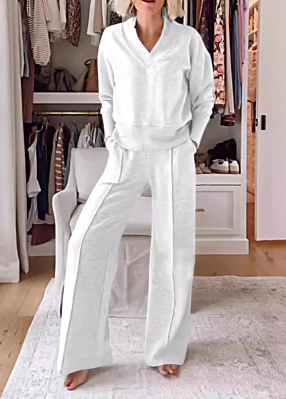 V-neck Long Sleeve Loose Top Wide Leg Pants Two-piece Set Karis Fashions