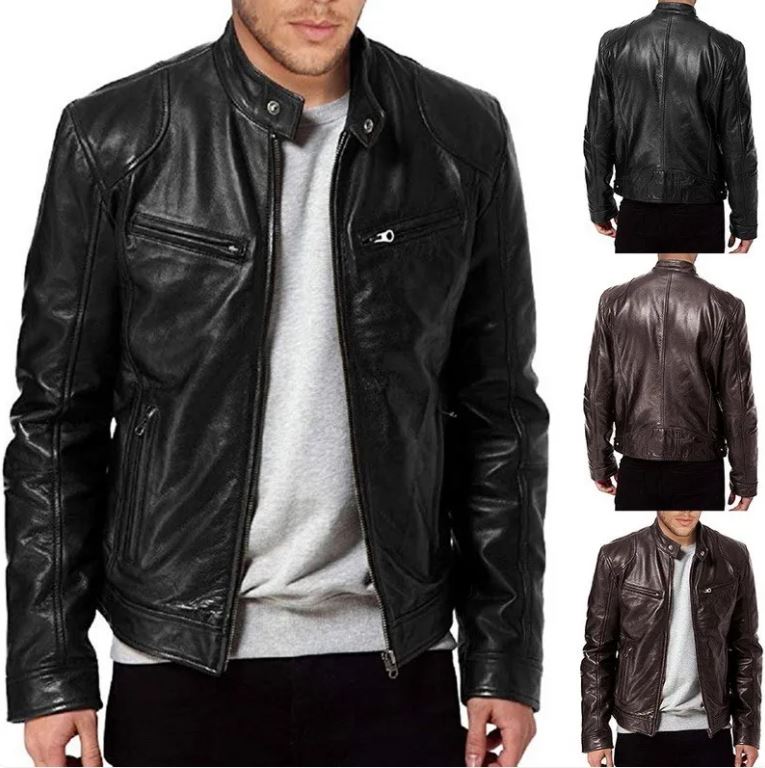Men's Zip Cardigan PU Leather Jacket With Stand Collar Karis Fashions