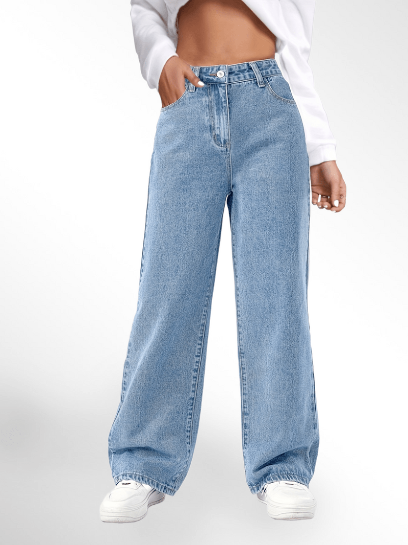 Blue High Waist Loose Fit Straight Leg Denim Jeans Karis Fashions