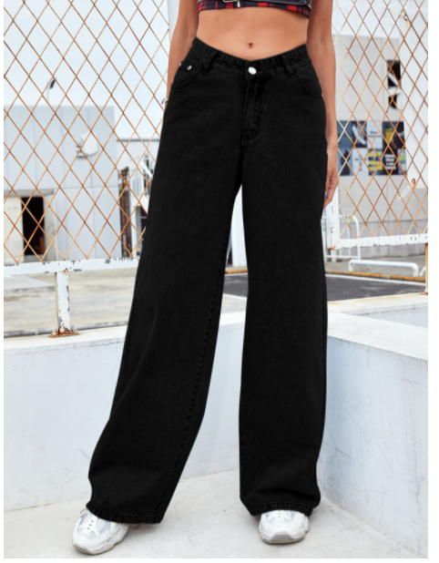 Blue High Waist Loose Fit Straight Leg Denim Jeans Karis Fashions