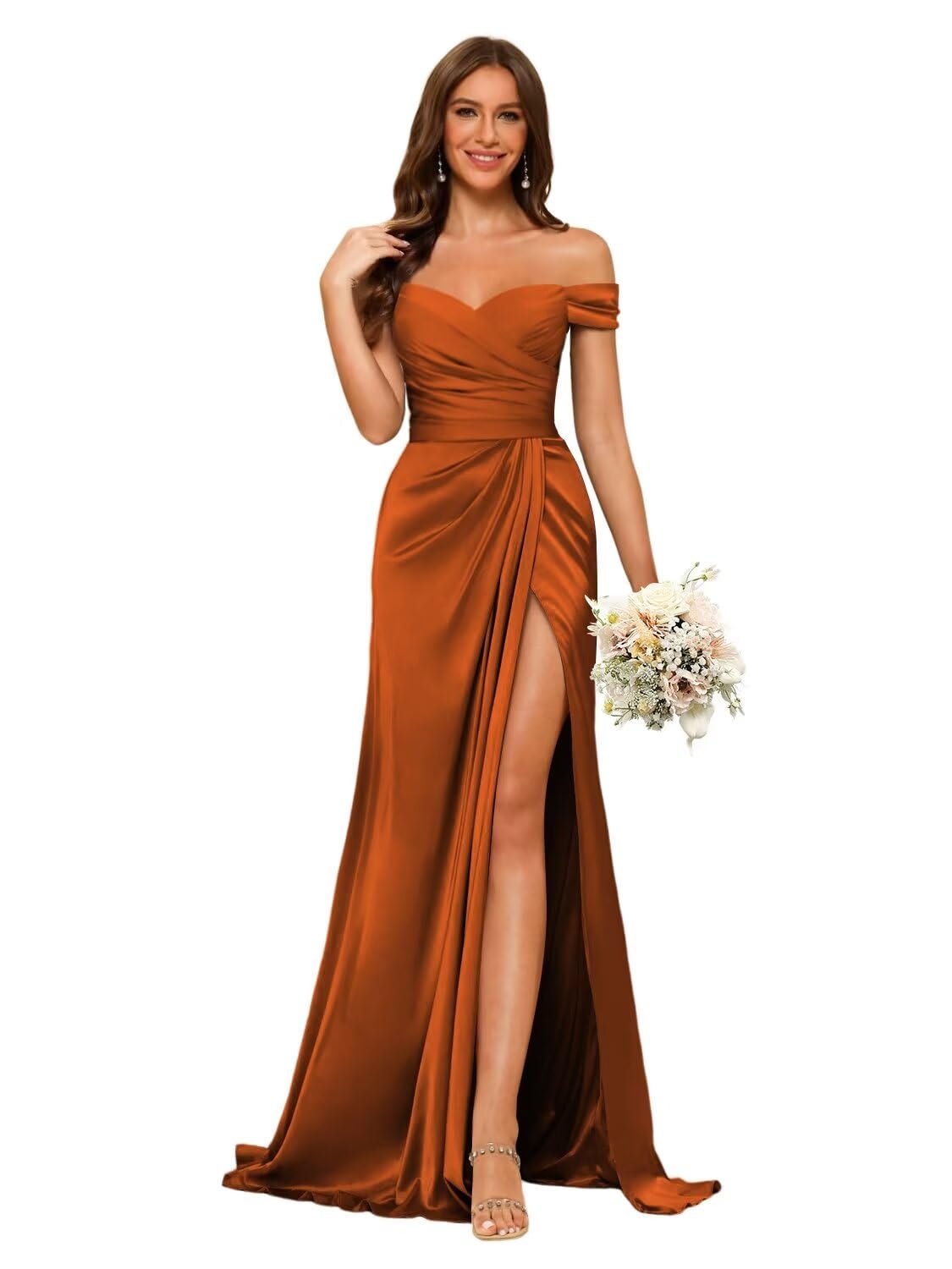 Dessiny Orange Mermaid Bodycon Bridesmaid Dresses Plus Size for Women 2025 Ruched Long Satin Off Shoulder Prom Dresses with Slit US16W Karis Fashions