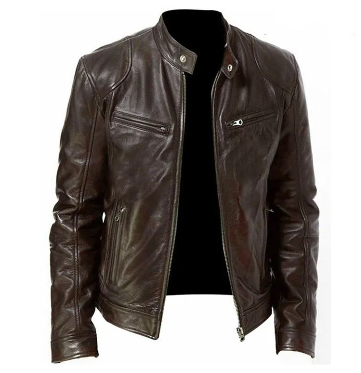Men's Zip Cardigan PU Leather Jacket With Stand Collar Karis Fashions