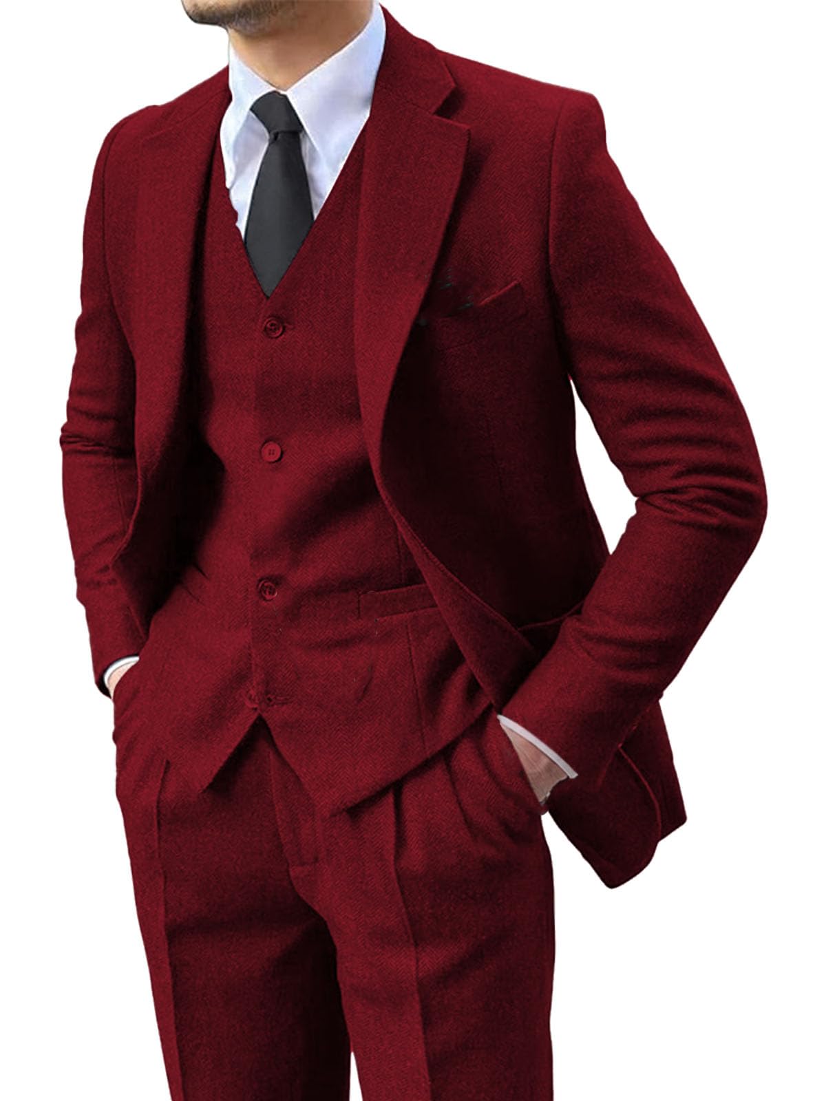 Lipoon Mens 3 Pieces Suit Retro Slim Fit Suit Tweed Herringbone Business Suit Wedding Party Tuxedos with Blazer Vest Pants(Burgundy3X-Large) Karis Fashions