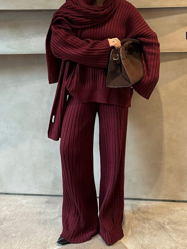 V-Neck Top & Wide Leg Pants Set with Scarf Karis Fashions