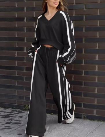 Casual V-Neck Striped Top & Wide Leg Pants Set (One Set) Karis Fashions