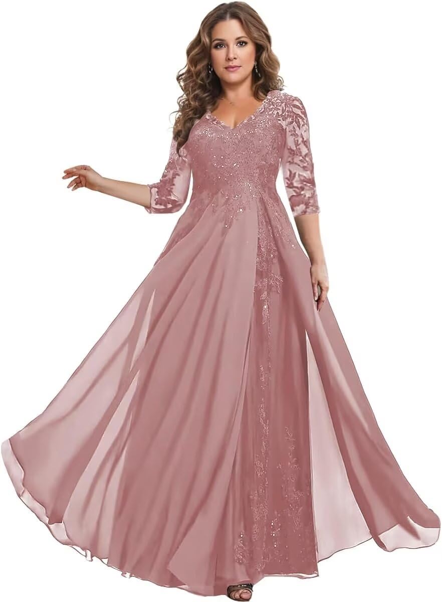 PUXIU Plus Size Pleated Lace Applique Bridesmaid Dresses V Neck 2025 Long Sleeve Chiffon A Line Mother of The Bride Dresses for Wedding Dusty Rose 18W Karis Fashions