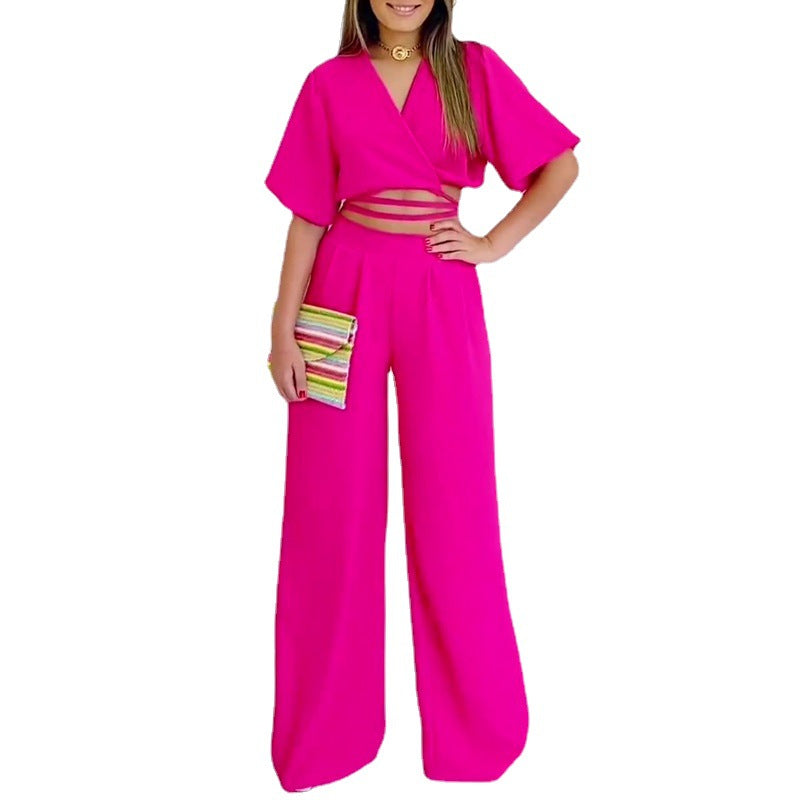 2023 Summer V-Neck Top & High-Waist Wide Leg Pants Set Karis Fashions