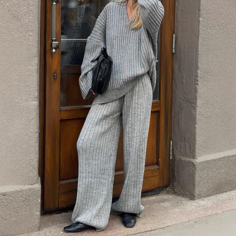 V-Neck Top & Wide Leg Pants Set with Scarf Karis Fashions
