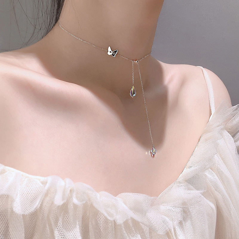 925 Silver Butterfly Waterdrop Tassel Necklace for Women Karis Fashions