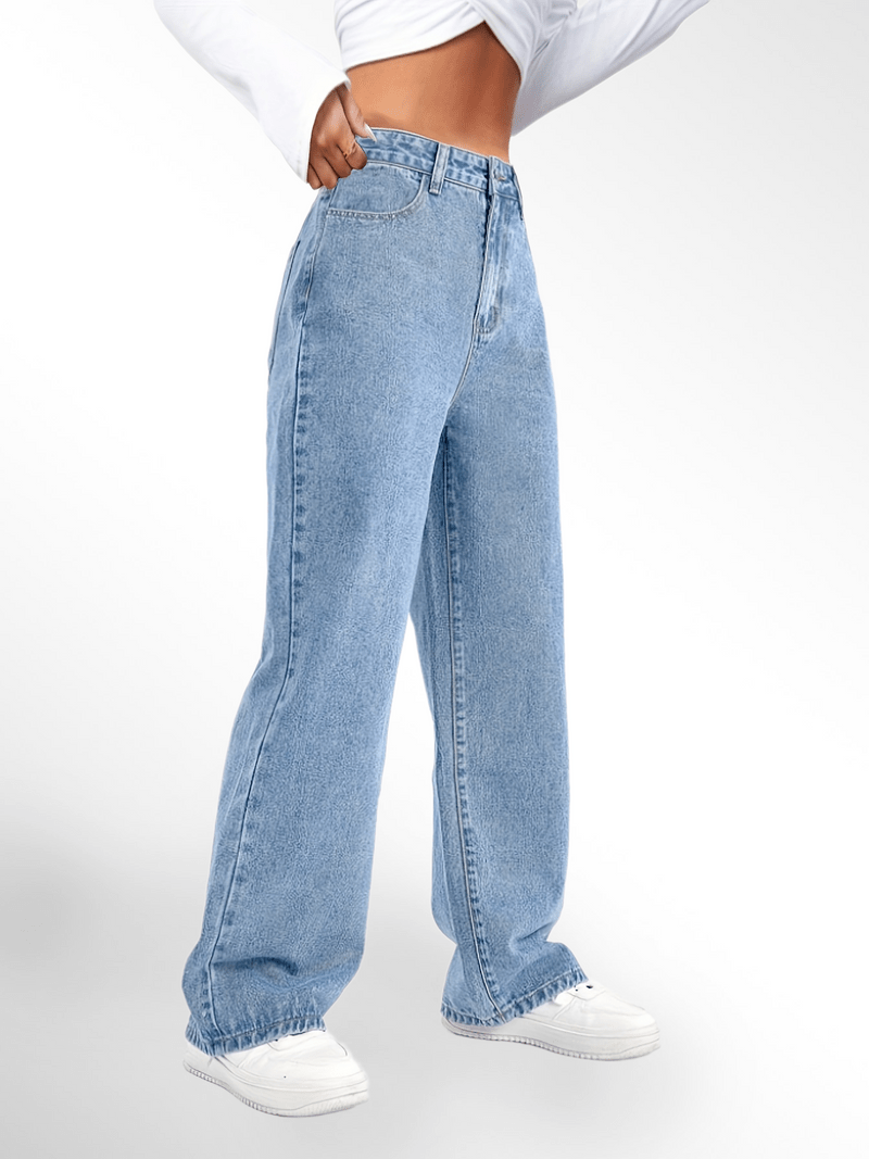 Blue High Waist Loose Fit Straight Leg Denim Jeans Karis Fashions