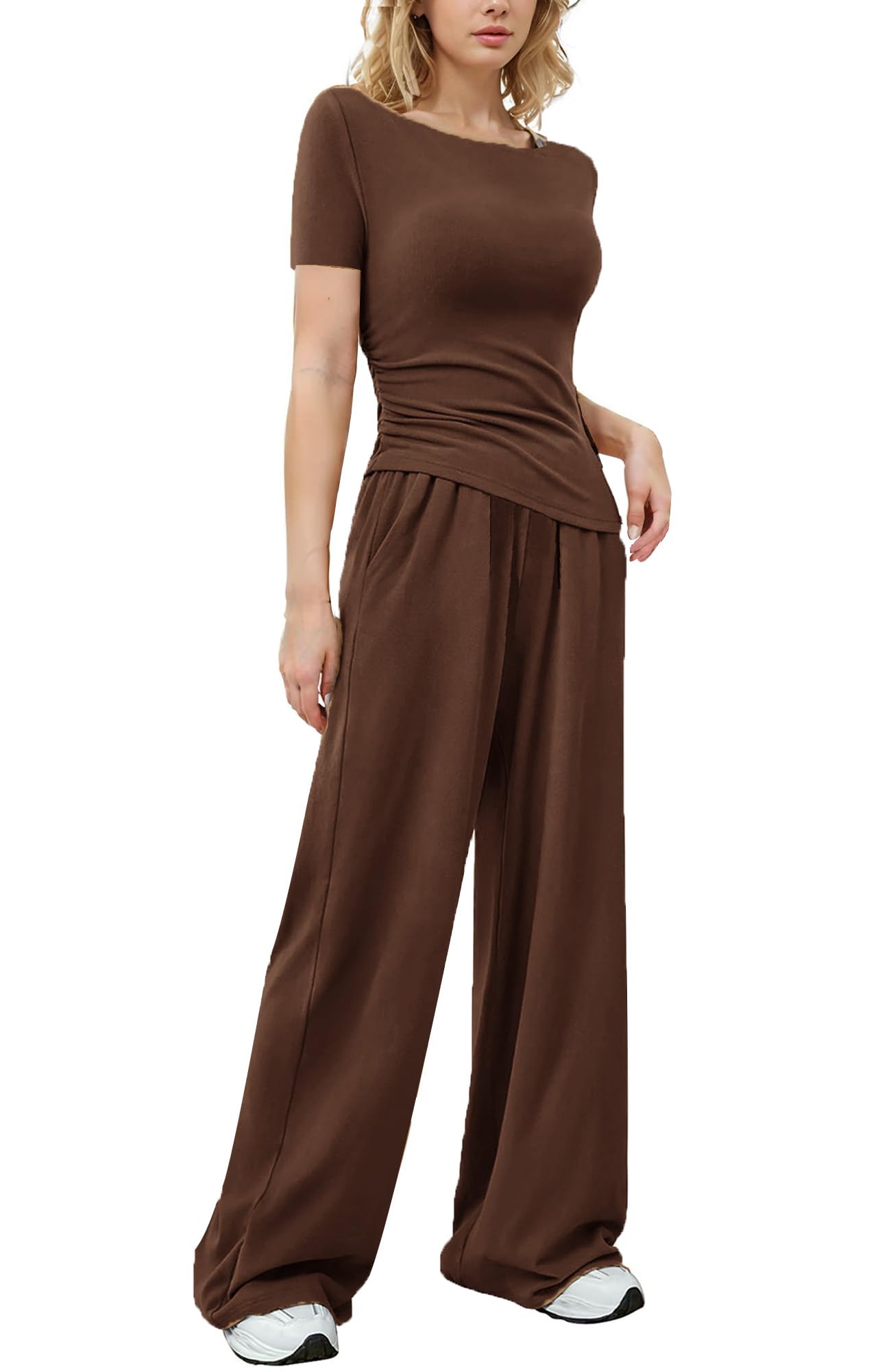 vyolu Womens 2 Piece Lounge Sets Asymmetrical Short Sleeve Wide Leg Pants Casual Outfits Tracksuit Streetwear Karis Fashions