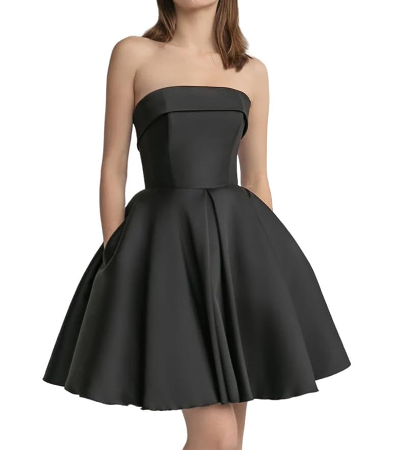 StarRovelex Homecoming Dresses for Teens Satin Short Prom Party Cocktail Bridesmaid Dress with Pocket Strapless A Line Elegant Puffy Semi Formal Gala Mini Dress Black 4 Karis Fashions