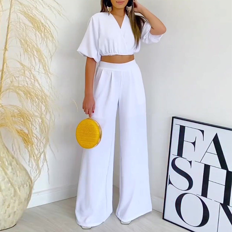 2023 Summer V-Neck Top & High-Waist Wide Leg Pants Set Karis Fashions