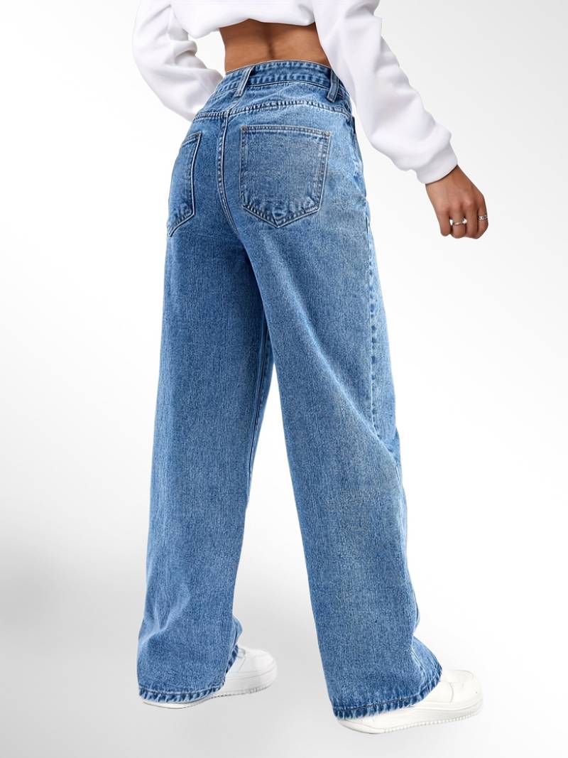Blue High Waist Loose Fit Straight Leg Denim Jeans Karis Fashions