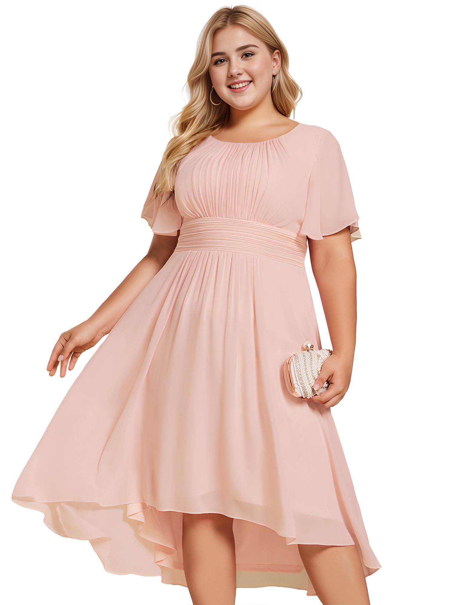 Ever-Pretty Womens A Line Curvy Crew Neck Short Sleeves Pleated Plus Size High Low Wedding Guest Dresses Pink US10 Karis Fashions
