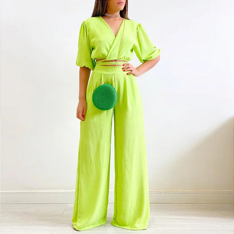 2023 Summer V-Neck Top & High-Waist Wide Leg Pants Set Karis Fashions