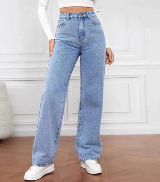 Blue High Waist Loose Fit Straight Leg Denim Jeans Karis Fashions