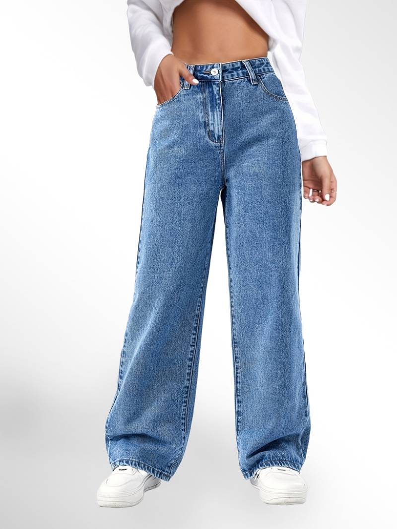 Blue High Waist Loose Fit Straight Leg Denim Jeans Karis Fashions